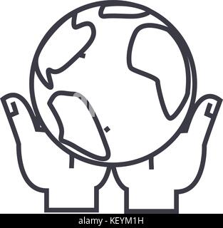 global business in hands linear icon, sign, symbol, vector on isolated background Stock Vector