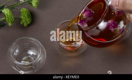 Chinese tea ceremony is performed by tea master. Chinese tea ceremony. Female hands pouring tea into cups Stock Photo