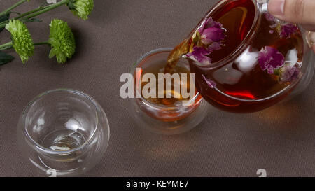 Chinese tea ceremony is performed by tea master. Chinese tea ceremony. Female hands pouring tea into cups Stock Photo
