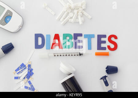 Word DIABETES with insulin syringe,lancet,test strip,glucose meter and lancing device on isolated white background Stock Photo