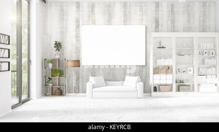 Panoramic view in interior in vogue with white leather couch, empty frame and copyspace in horizontal arrangement. 3D rendering. Stock Photo