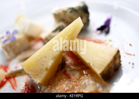 Lots of assorted cheese on a white table. Stock Photo