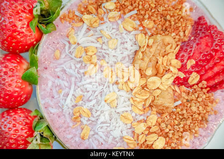 Detox superfoods breakfast bowl. Vegan coconut milk chia bean stawseeds pudding. Stock Photo