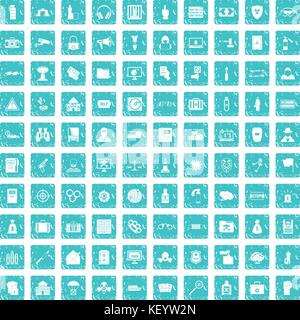 100 crime icons set grunge blue Stock Vector