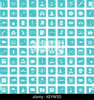 100 crime investigation icons set grunge blue Stock Vector