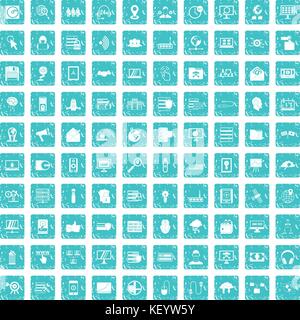 100 cyber security icons set grunge blue Stock Vector