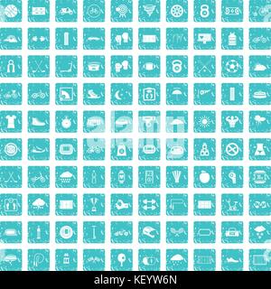 100 cycling icons set grunge blue Stock Vector