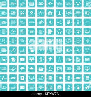 100 database and cloud icons set grunge blue Stock Vector
