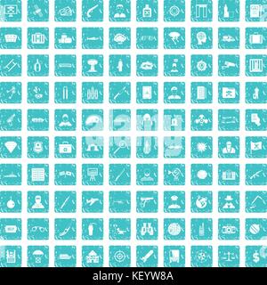 100 antiterrorism icons set grunge blue Stock Vector