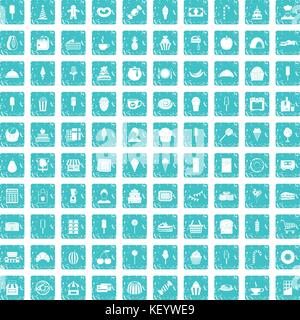 100 dessert icons set grunge blue Stock Vector