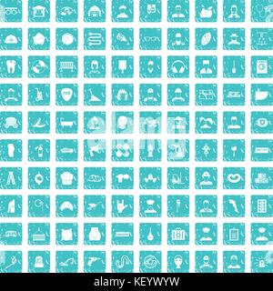 100 different professions icons set grunge blue Stock Vector