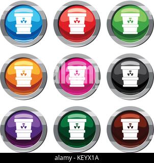 Trashcan containing radioactive waste set 9 collection Stock Vector