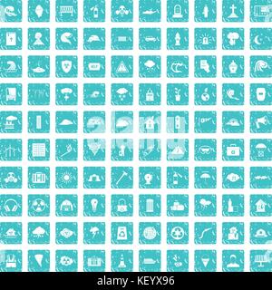 100 disaster icons set grunge blue Stock Vector