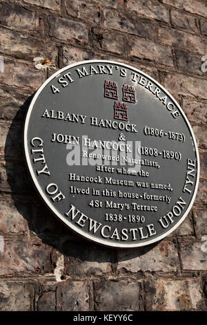 Plaque commemorating the former house of Albany and John Hancock in Newcastle-upon-Tyne, England. The house, at 4 St Mary's Terrace, was the place of  Stock Photo