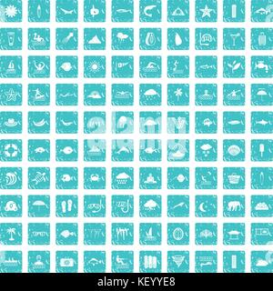 100 diving icons set grunge blue Stock Vector