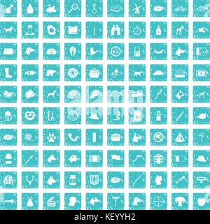 100 dog icons set grunge blue Stock Vector