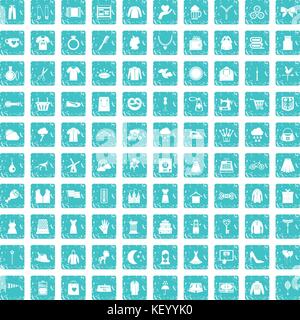 100 dress icons set grunge blue Stock Vector