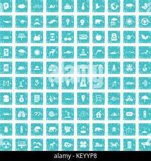 100 eco care icons set grunge blue Stock Vector