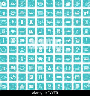 100 appliances icons set grunge blue Stock Vector