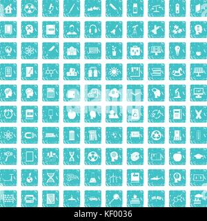 100 education icons set grunge blue Stock Vector