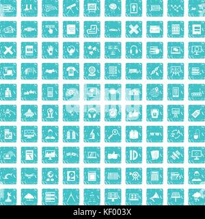 100 education technology icons set grunge blue Stock Vector