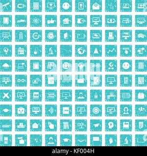 100 e-learning icons set grunge blue Stock Vector