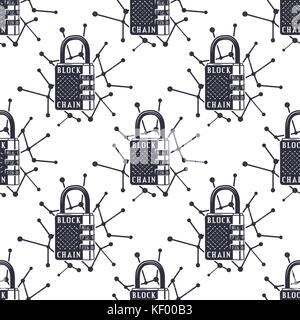 Blockchain security seamless pattern, bitcoin wallpaper, crypto concept. Digital assets background. Vintage han drawn monochrome design. Technology badges. Stock vector illustration isolated Stock Vector