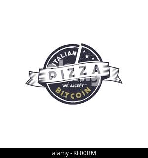 Italian Pizza for Bitcoin emblem. We accept BTC logo design. Digital assets for real goods concept. Vintage hand drawn style. Stock vector illustration isolated on white background Stock Vector