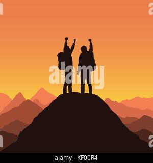 Vector illustration of a mountain landscape with realistic silhouettes of two mountain climbers on the top of a mountain with victorious gesture under Stock Vector