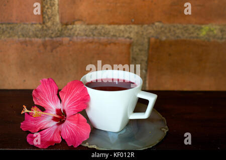 Cup of hibiscus tea in white cup on wooden table beside hibiscus flower against brick wall background Stock Photo