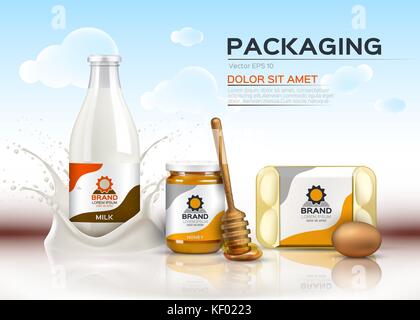 Vector realistic food products Milk and honey bottles, eggs packaging. 3d detailed mock up label design Stock Vector