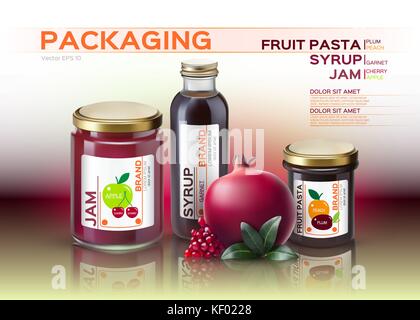 Fruit pasta, jam and syrup bottles mock up. Vector realistic products. 3d packaging label design Stock Vector