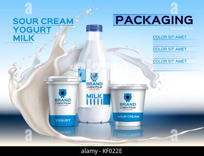 Milk mock up realistic Vector. Sour cream and yogurt products. 3d packaging label design. Milk splash background Stock Vector