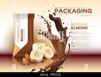 Chocolate with banana and almonds Vector realistic mock up. 3d packaging label design product. Chocolate splash background Stock Vector