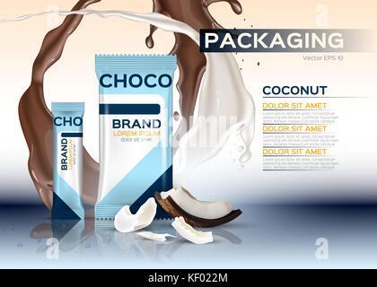 Coconut chocolate packaging Vector realistic. 3d label design product. Chocolate splash background Stock Vector
