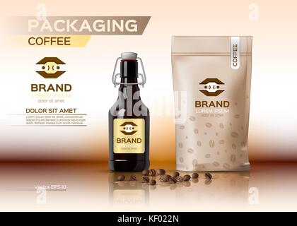 Coffee packaging mock up Vector realistic. Coffee syrup bottle. Coffee beans bag product. Label logo design Stock Vector