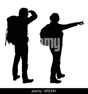 Realistic vector silhouettes of men and women with backpacks on back showing hand and looking away, isolated on white background Stock Vector