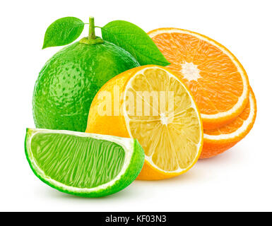 Isolated citrus fruits. Lemon, lime, and orange isolated on white background Stock Photo
