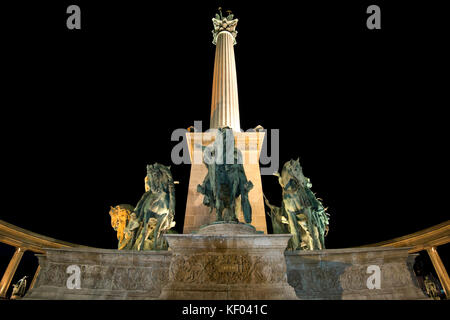 Horizontal view of Heroes' Square in Budapest at night. Stock Photo