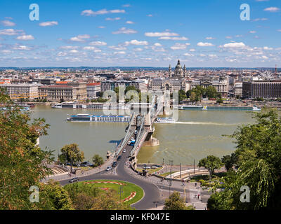 Horizontal cityscape of the Chain Bridge crossing the river Danube in Budapest. Stock Photo