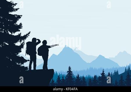 Vector illustration of a mountain landscape with a forest and two tourists, man and woman with backpacks showing his hand and looking into the distanc Stock Vector