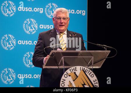 Association of the U.S. Army (AUSA) President and CEO Carter Ham speaks during the annual AUSA meeting at the Walter E. Washington Convention Center October 9, 2017 in Washington, DC. Stock Photo