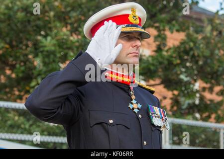 British Royal Marine Corps Commandant General Robert Magowan salutes during an honors ceremony at the Marine Barracks Washington October 10, 2017 in Washington, DC. Stock Photo