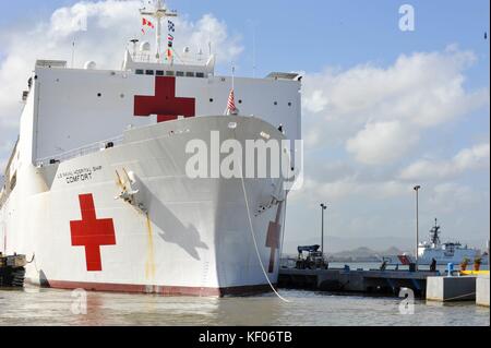 The U.S. Navy Mercy-class hospital ship USNS Comfort arrives in port after Hurricane Maria to provide disaster relief October 3, 2017 in San Juan, Puerto Rico. Stock Photo