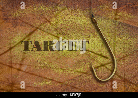Word Target written on a yellow grunge background and fishing hook Stock Photo