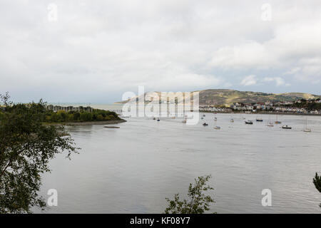 view over Conwy estuary to Deganwy, Llandudno and the Great Orme Stock Photo