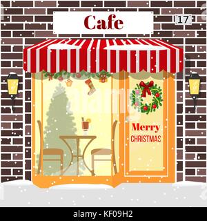 Christmas decorated Cafe or coffee shop. Building facade of red brick. Stock Vector