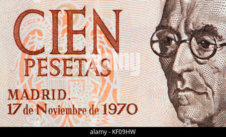 Detail from a 1970 100 peseta Spanish banknote showing Manuel de Falla  y Matheu (1876-1946: Spanish composer) Stock Photo