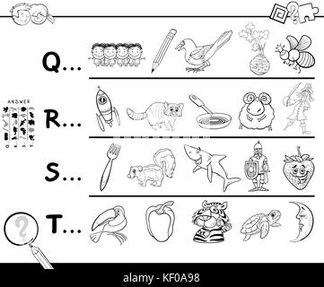 Black and White Cartoon Illustration of Searching Pictures Starting with Referred Letter Educational Game Worksheet for Kids Coloring Book Stock Vector