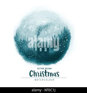 A Winter christmas watercolor scenic with a house in a forest with falling snow. Vector illustration Stock Vector